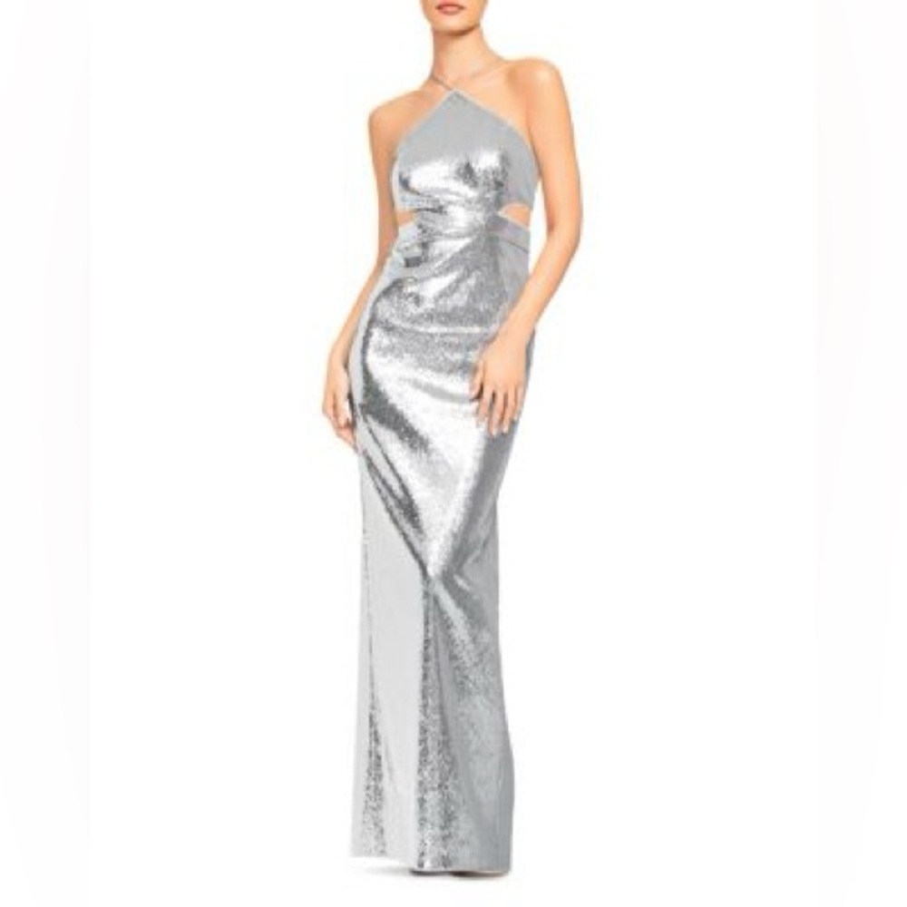 Aidan by Aidan Mattox Silver Sequin Cutout Gown | Metallic Liquid-Metal Size 4